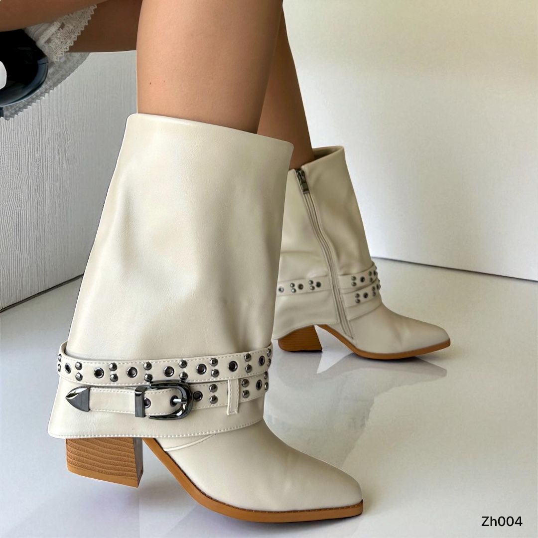 Botin texano beige doblez correas apliques plomo tacon 8cm HX2997-B9367